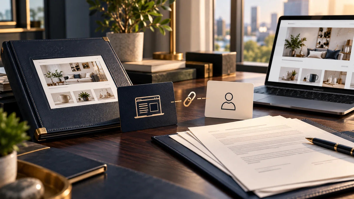 Website acquisition documents and separate affiliate account identities on a professional office desk