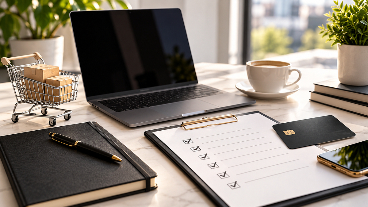 Shopify store buyer payment activation checklist with ecommerce workspace materials